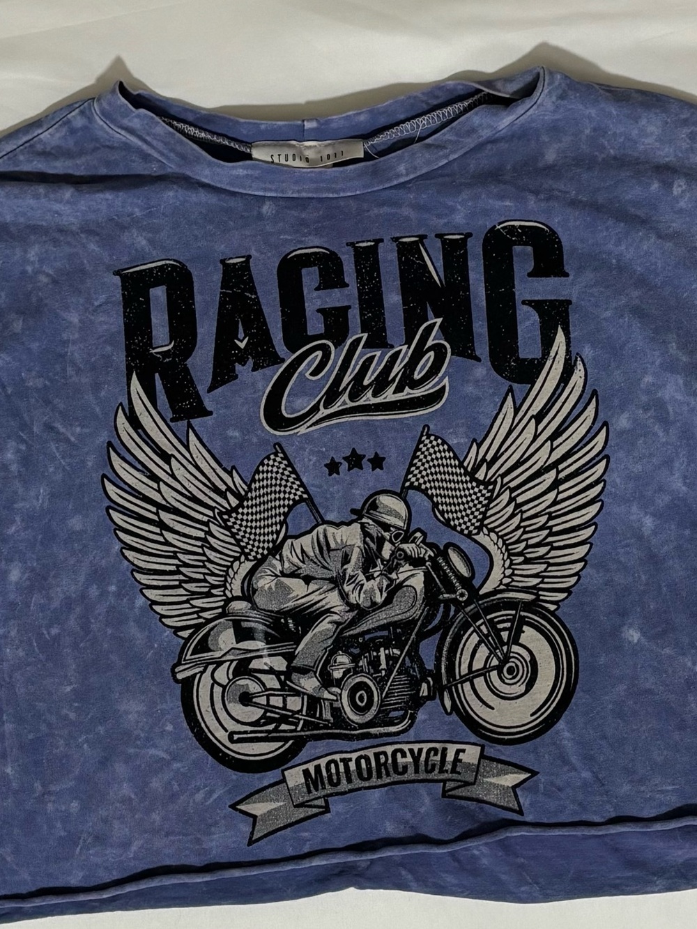 Vintage Racing Club Motorcycle Crop Top - Washed Blue